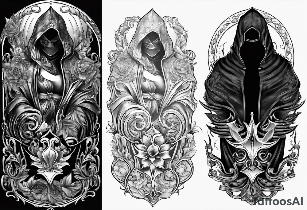 Shadow cloak protecting beautiful dagger tattoo idea
