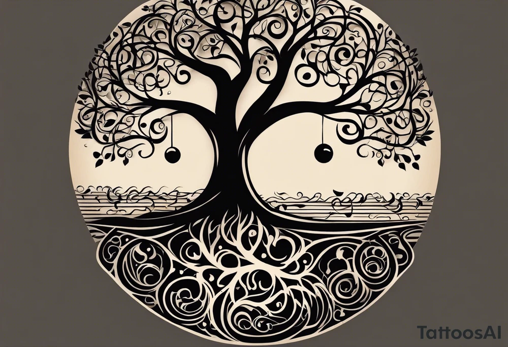 A tattoo design that incorporates the following elements: an abstract tree of life that has roots emerging  from the ground. Waves of water encapsulate the tree and wind around it in an organic way.  Incorporate music.   the letters U and A are overlapping and engraved into the tree. a golf ball incorporated but not prominent. tattoo idea