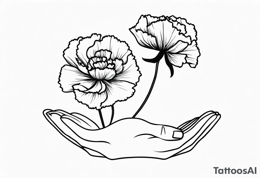 Black and white outline of a carnation flower. Outline of hands holding the flower. Phrase “walk of life” placed somewhere discretely tattoo idea