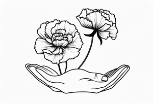 Black and white outline of a carnation flower. Outline of hands holding the flower. Phrase “walk of life” placed somewhere discretely tattoo idea