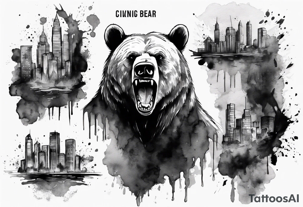 Serious bear coming up behind a city tattoo idea