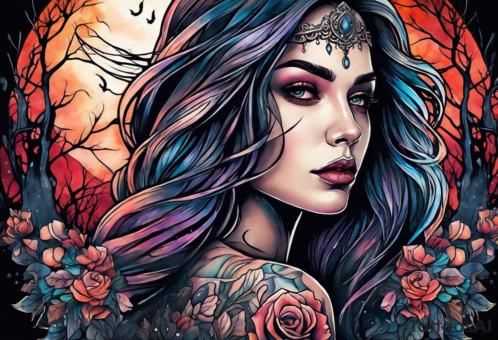 Courageous Woman with a tear running down her face walking out of a graveyard  leaving her old terrifying, scary, violent past behind her ethereal and mysterious tattoo idea