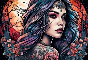 Courageous Woman with a tear running down her face walking out of a graveyard  leaving her old terrifying, scary, violent past behind her ethereal and mysterious tattoo idea