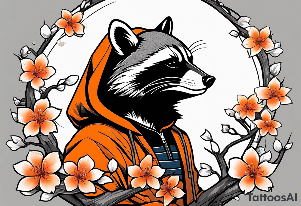 Raccoon wearing a white Superman logo on a black hoodie and orange Japanese cherry blossoms tattoo idea