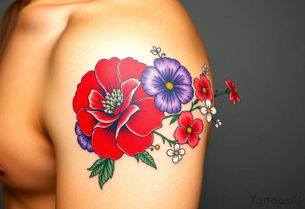 Upper left arm, wrapping slightly from the shoulder to the mid-upper arm, ending at the natural mid-arm curve.

Top center: Large red carnation
Left side: Purple pansy above a blue cosmos flower
Right side: Pink cosmos above a red cosmos
White flowers:
3 between the purple and blue flowers
2 below the pink/red flowers
3 on the branch extending from the right side of the carnation
2 on a branch connecting from the right side of the carnation to the top of the purple pansy
(bouquet)
Neo-Traditional with Realism influence
Bold, clean black outlines
Flat, rich color gradients
Realistic flower detailing: natural petal texture, realistic shading, and depth
Flowing, realistic green branches and leaves
Fine black dots and small line accents
Small gold star next to the top red carnation

 brown skin tone tattoo idea
