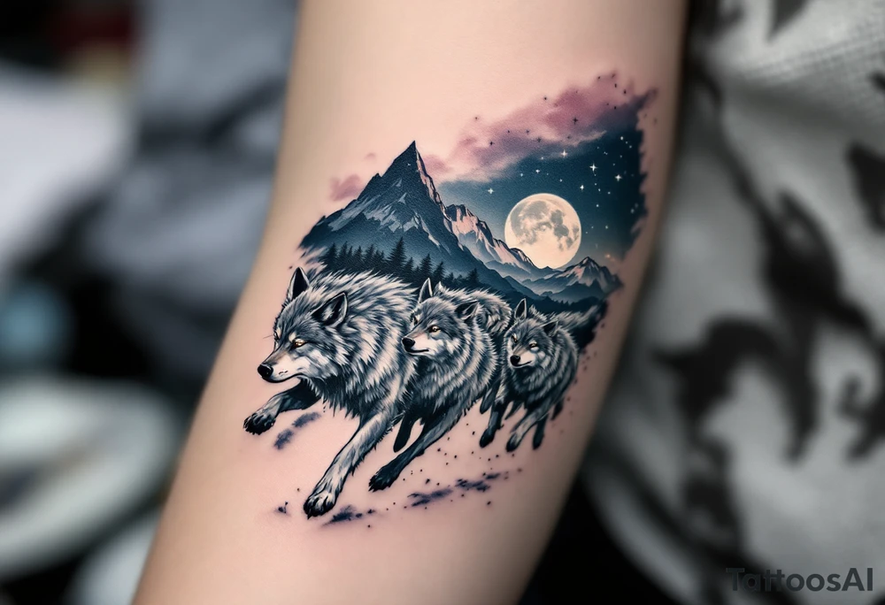 Running wolf pack beneath a starry night sky, with the moon high and glowing white, mountains in the distance, done in black and dark navy ink. tattoo idea