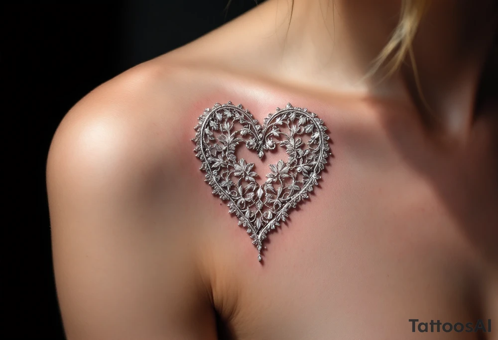 A delicate lace heart, embroidered in shimmering silver, casting soft shadows on the skin for a realistic fabric effect. tattoo idea