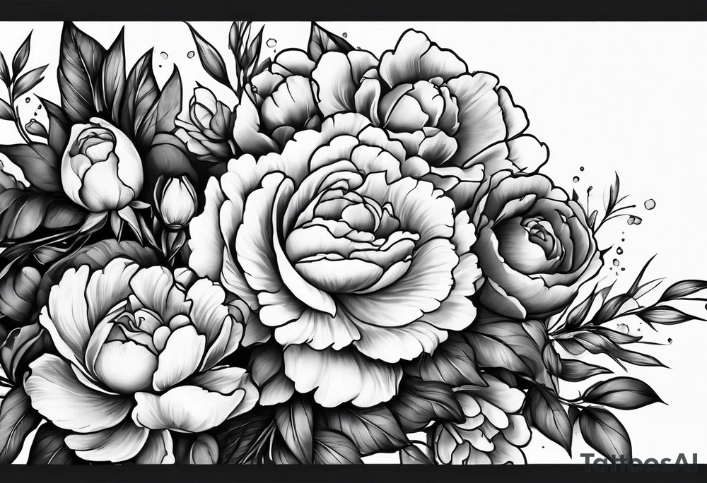Snapdragon, peonies, and roses mixed together tattoo idea