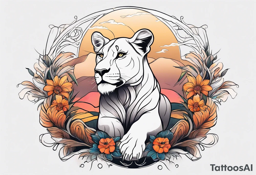 A lioness in a landscape. tattoo idea
