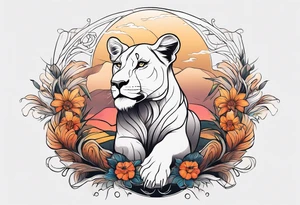 A lioness in a landscape. tattoo idea