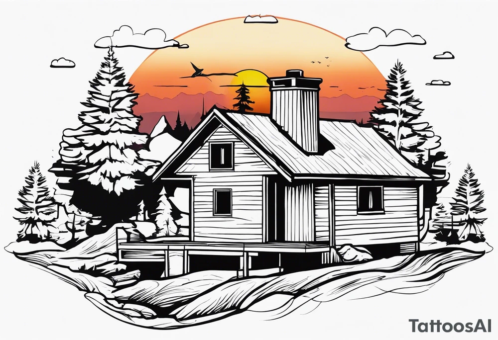 cabin chimney smoke "Hutting Est. 2004" friends sunset tattoo idea