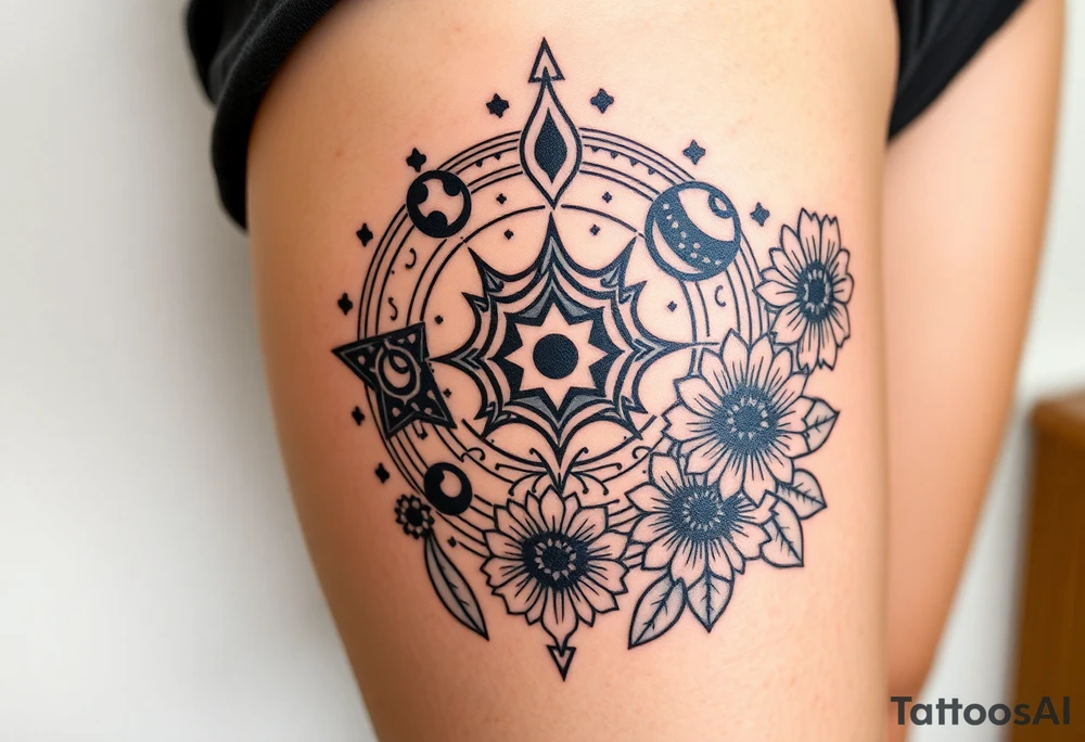 Milky way galaxy with planets with zodiac symbols and protection runes in it with tigerlillies roses and sunflowers tattoo idea