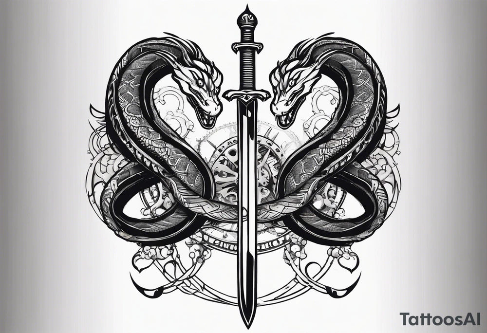 Aggresive Snakes eating each other with a sword, this design must be in a vertical vertical proportion. Additionaly the desing must be "Steampunk" type tattoo idea