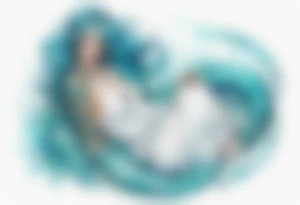 A beautiful undine with turquois scales wearing a white robe, laying on the shore tattoo idea