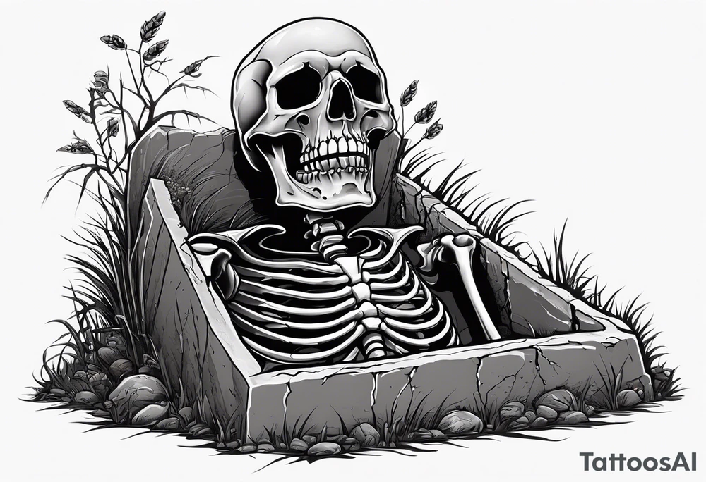 Skeleton crawling out of grave. 
MIW Reincarnate written on gravestone tattoo idea