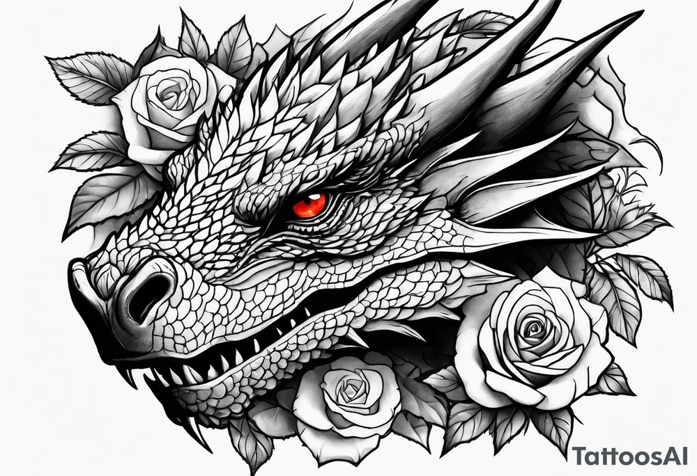 Drogon's face above some roses and thorns tattoo idea