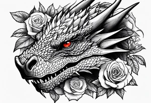 Drogon's face above some roses and thorns tattoo idea