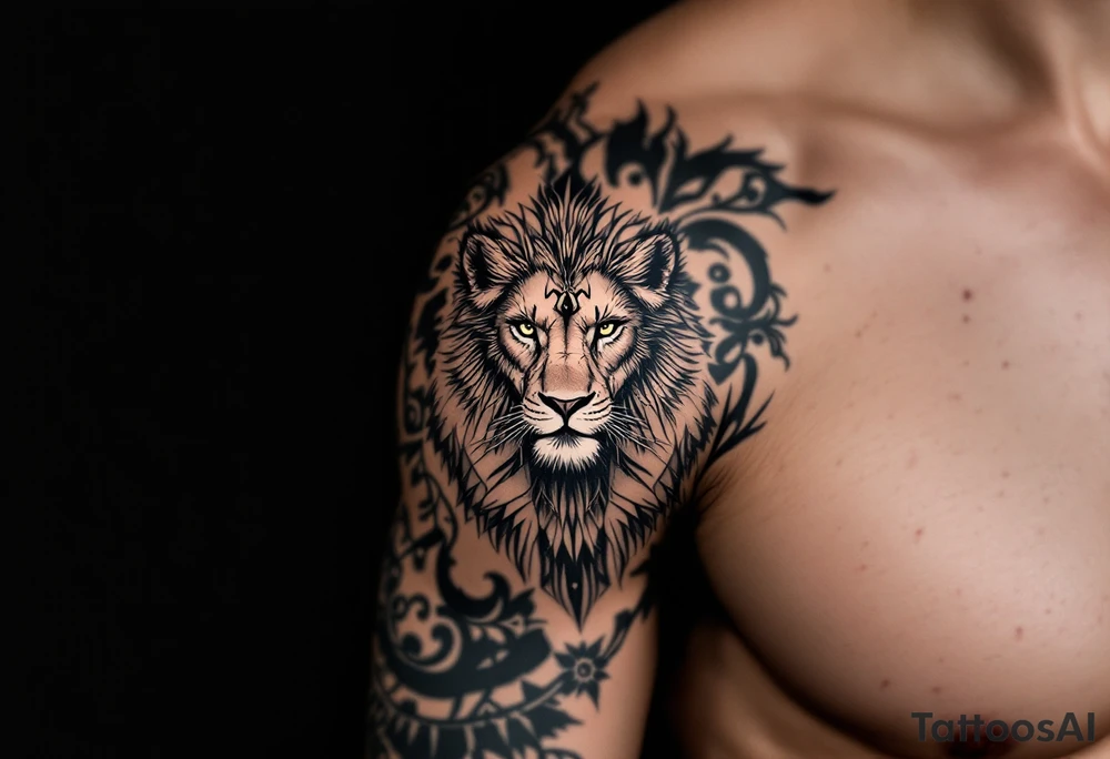egyptian themed lion (red and black) tattoo idea