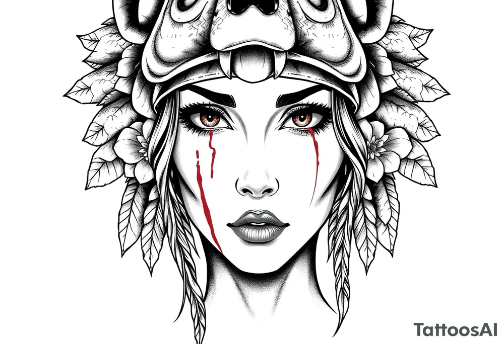 Symmetrical Beautiful Woman, looking forward, with colored eyes, shedding a tear, with battle scars and blood on face, with soft look, wearing a mean looking bear headdress on head, with flower background tattoo idea