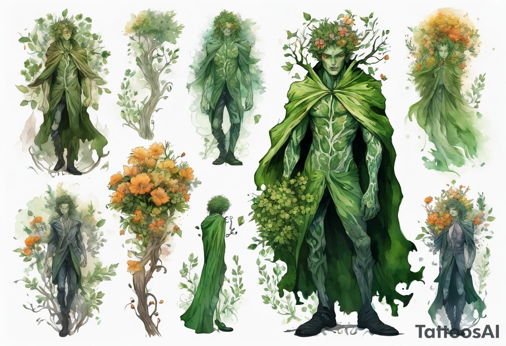 A tall, beautiful 19 year old tree-man hybrid with leafy hair and a cloak made of flowers. tattoo idea