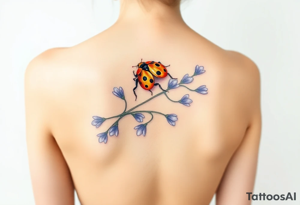 Dainty Golden ladybug on a lavender branch tattoo idea