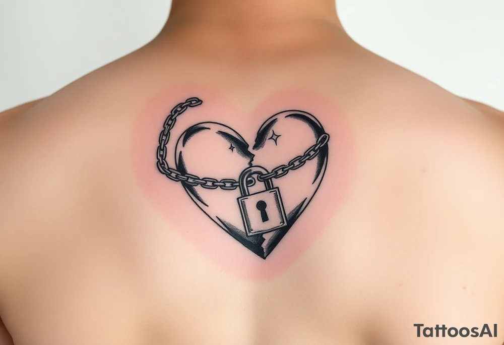 A small broken heart with a chain with a lock going across it trying to heal tattoo idea