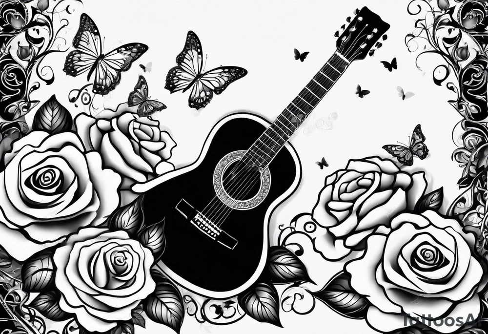 Acoustic guitar treble clef, roses and butterflies on the right side only tattoo idea