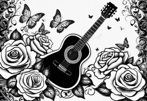 Acoustic guitar treble clef, roses and butterflies on the right side only tattoo idea