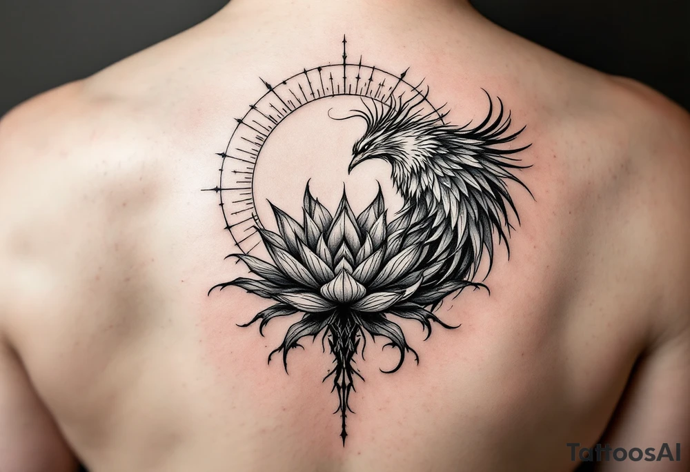 Fine thin lines very small minimalist tattoo combo of phenix and lotus tattoo idea