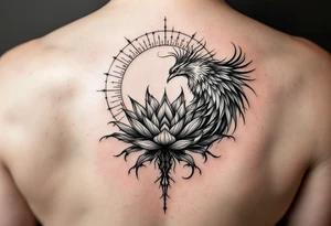 Fine thin lines very small minimalist tattoo combo of phenix and lotus tattoo idea