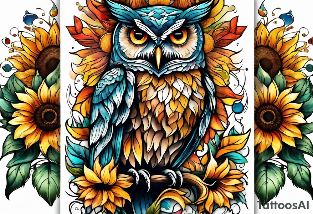 Leg sleeve with colorful sunflowers and an owl tattoo idea