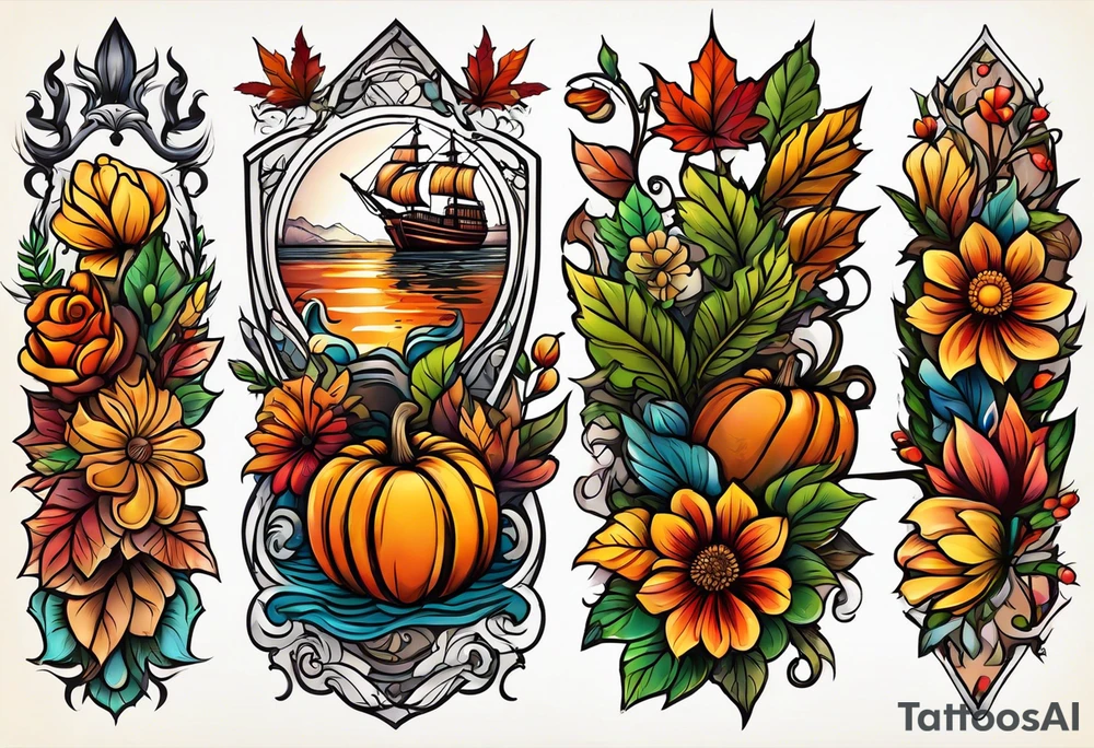 arm sleeve with fall colors, flowers, water, leaves and various shapes tattoo idea