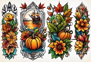 arm sleeve with fall colors, flowers, water, leaves and various shapes tattoo idea