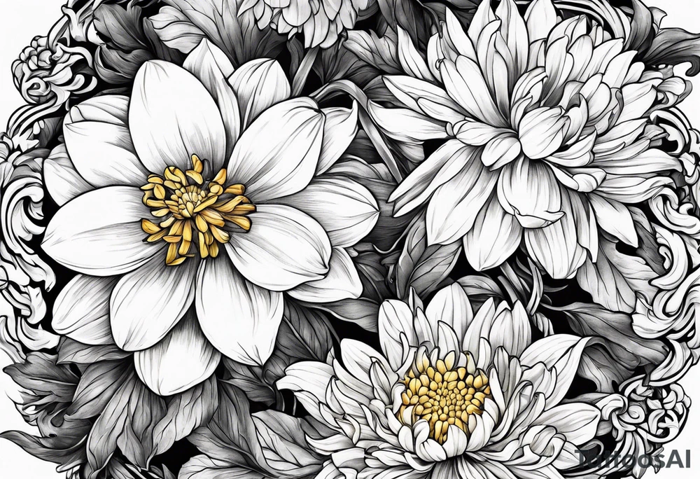 Narcissus and chrysanthemum intertwined tattoo idea
