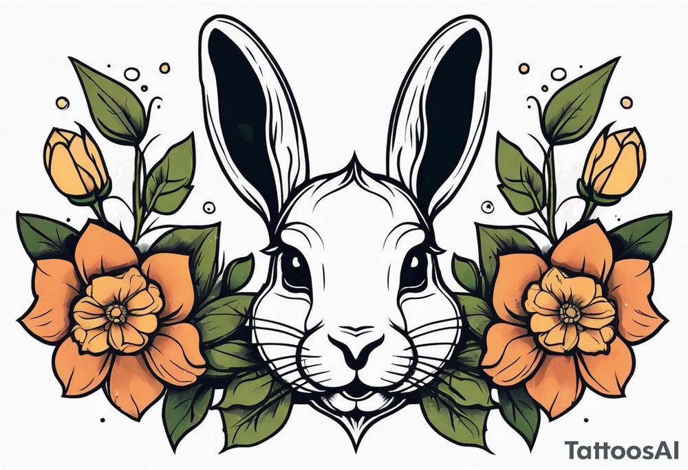 Rabbit head and flowers tattoo idea