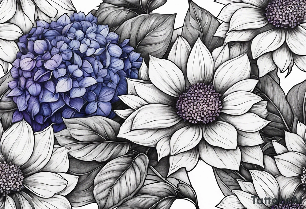 Blue and purple hydrangea flowers with orange sunflowers tattoo idea