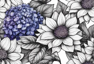 Blue and purple hydrangea flowers with orange sunflowers tattoo idea