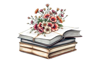 stack of 3 vintage books top book open with bouquet of different kinds of wild 
flowers coming out of it tattoo idea