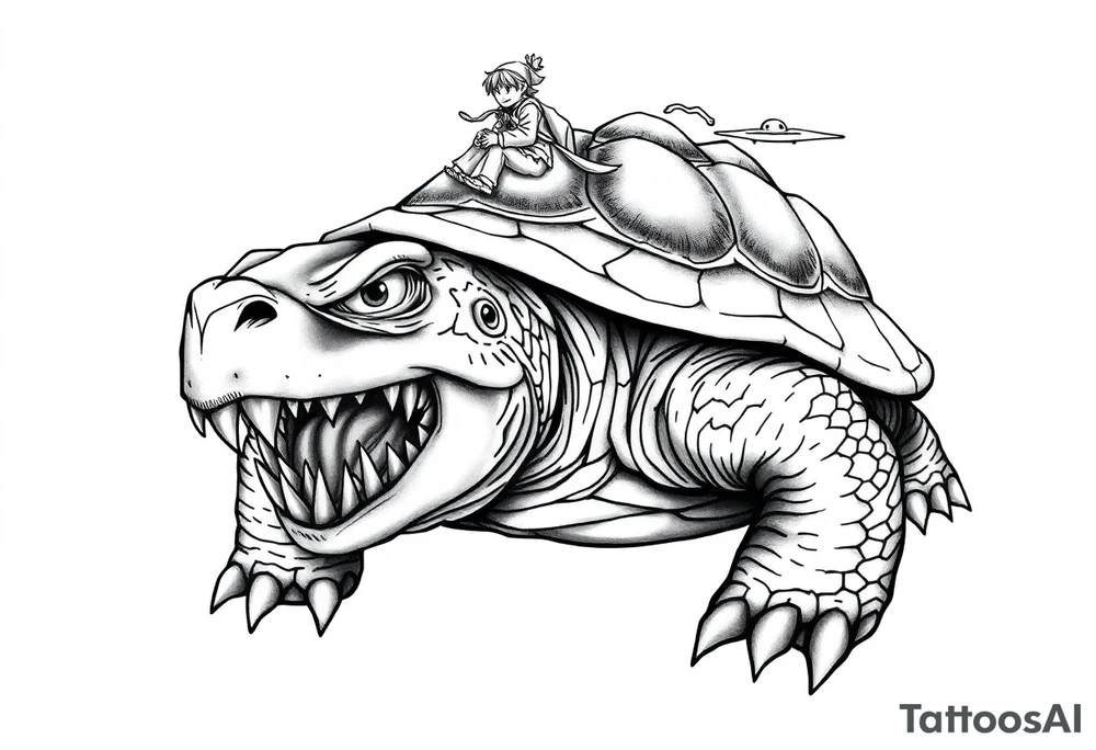 powerful majestic an angry turtle with huge teeth and a tiny hobbit like person riding on the back tattoo idea