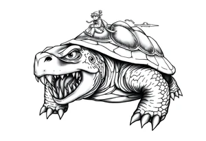 powerful majestic an angry turtle with huge teeth and a tiny hobbit like person riding on the back tattoo idea