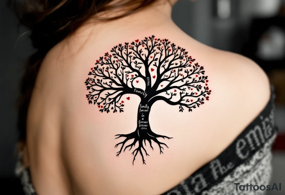 Tree shaped like a human silhouette, trunk forming the body, branches as arms. Names spiraling up the limbs, roots forming “Family is forever” in script. Black and gray realism with subtle red accents. tattoo idea