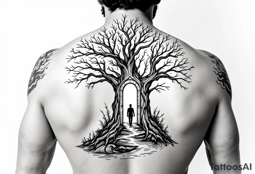 Back tattoo of a big tree with a door and a man walking through the door. On the right side of the tree draw some lines like a treasure map and water waves. On the left side draw some flame clouds tattoo idea