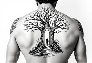 Back tattoo of a big tree with a door and a man walking through the door. On the right side of the tree draw some lines like a treasure map and water waves. On the left side draw some flame clouds tattoo idea