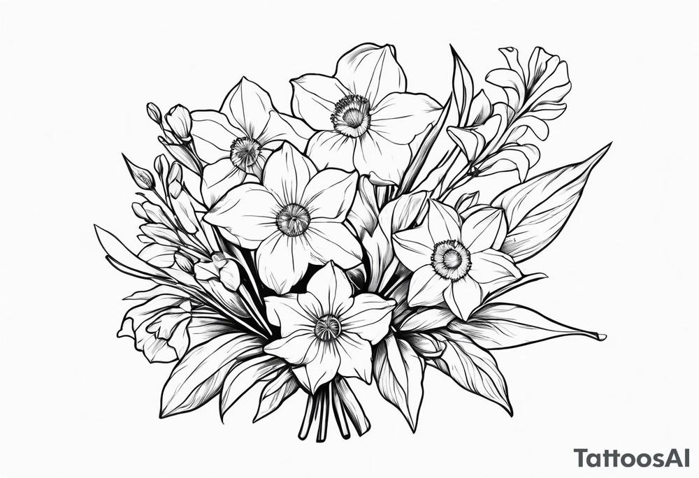 Bouquet including Held together with a bow:
DAFFODIL
JONQUIL
ASTER
MORNING GLORY tattoo idea