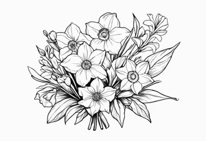Bouquet including Held together with a bow:
DAFFODIL
JONQUIL
ASTER
MORNING GLORY tattoo idea