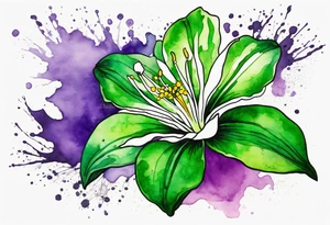 An outline of an only green rio dipladenia flower and a green and purple watercolor splash in the background tattoo idea