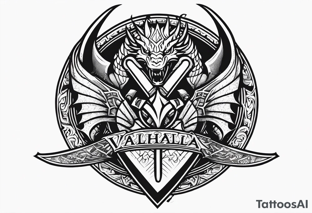 Valhalla sword shield dragon head axe tattoo idea