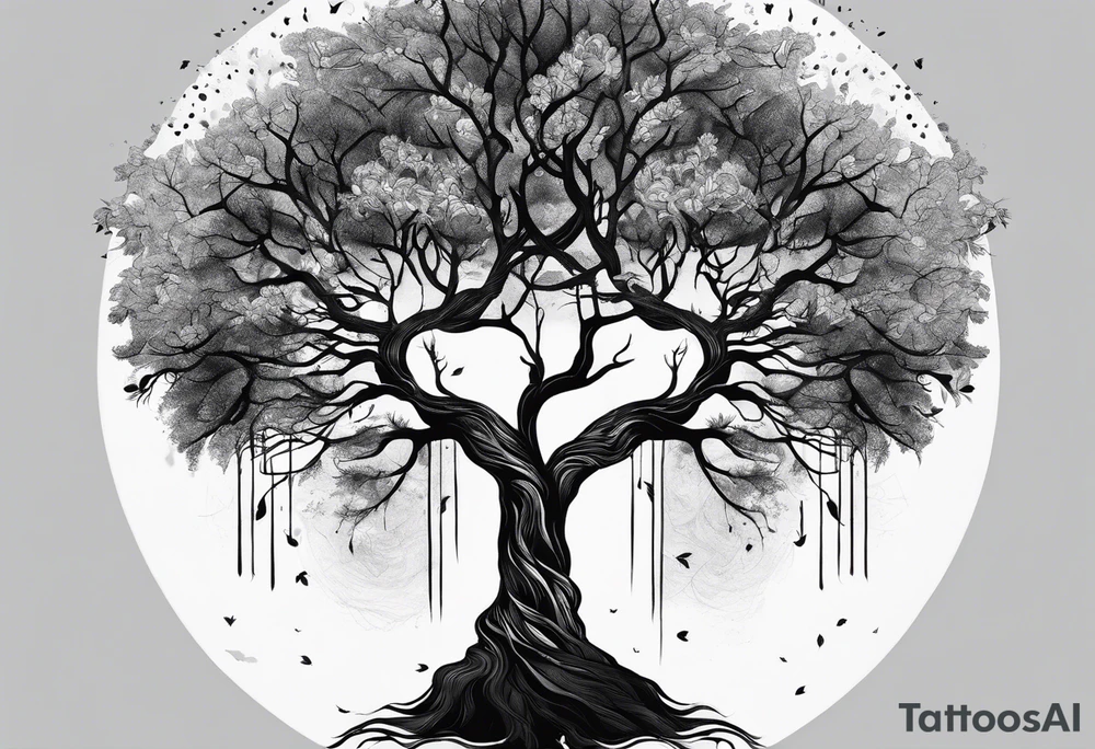 Andrea Rogge art tattoo, where two people are the roots and overflow into a tree, round tattoo tattoo idea