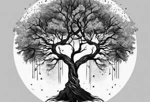 Andrea Rogge art tattoo, where two people are the roots and overflow into a tree, round tattoo tattoo idea