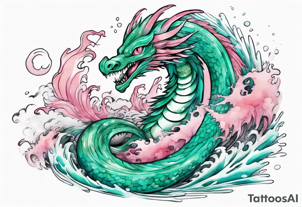 a turquoise and pink feathered sea serpent emerging from the stormy sea, with green eyes tattoo idea